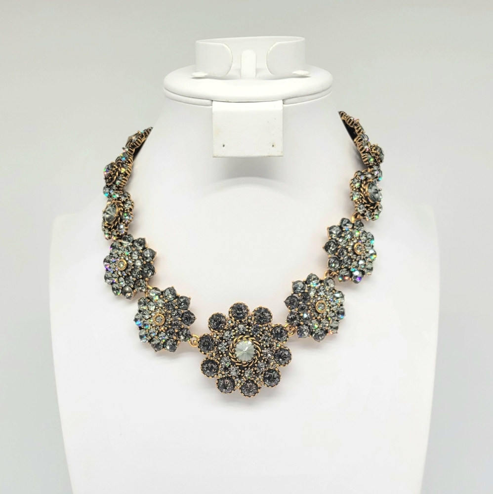 Oscar de la Renta Gray Diamond Swarovski Crystal Flower Statement Necklace